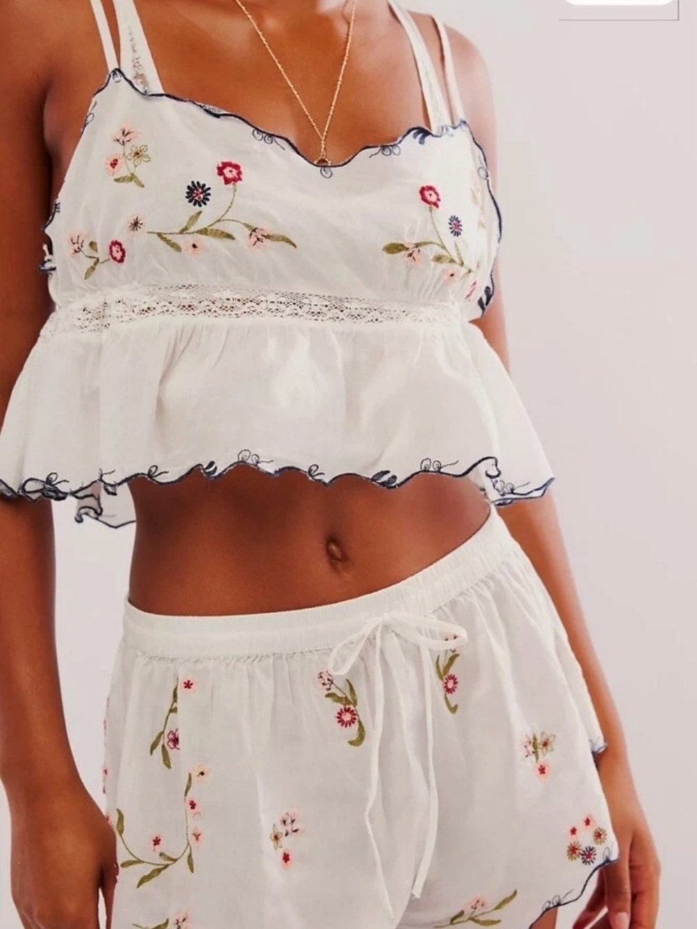 Intimately Free People Floral Embroidered Cami & Shorts Lounge Set Ivory - Picture 3 of 6